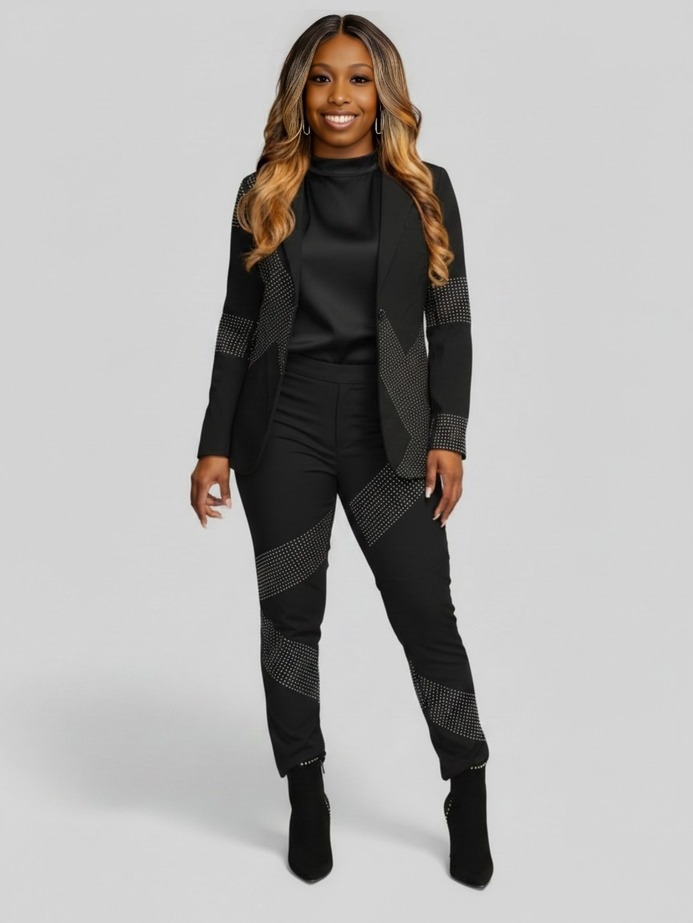 Black Women's Embellished Pantsuit with Stud Detail